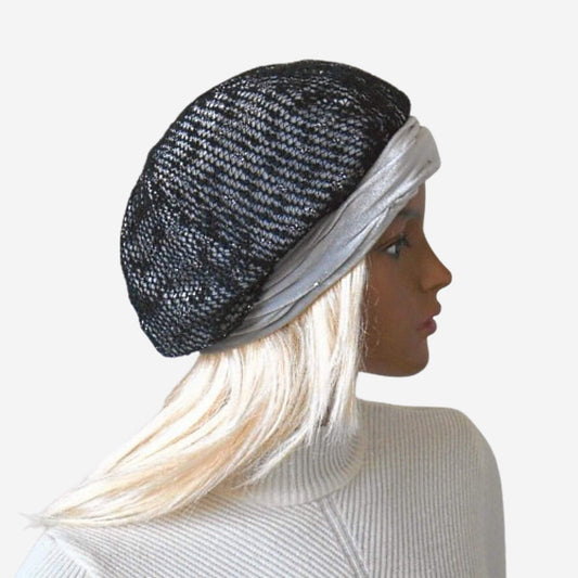 Women’s light gray velour and black mesh beret with draped detail