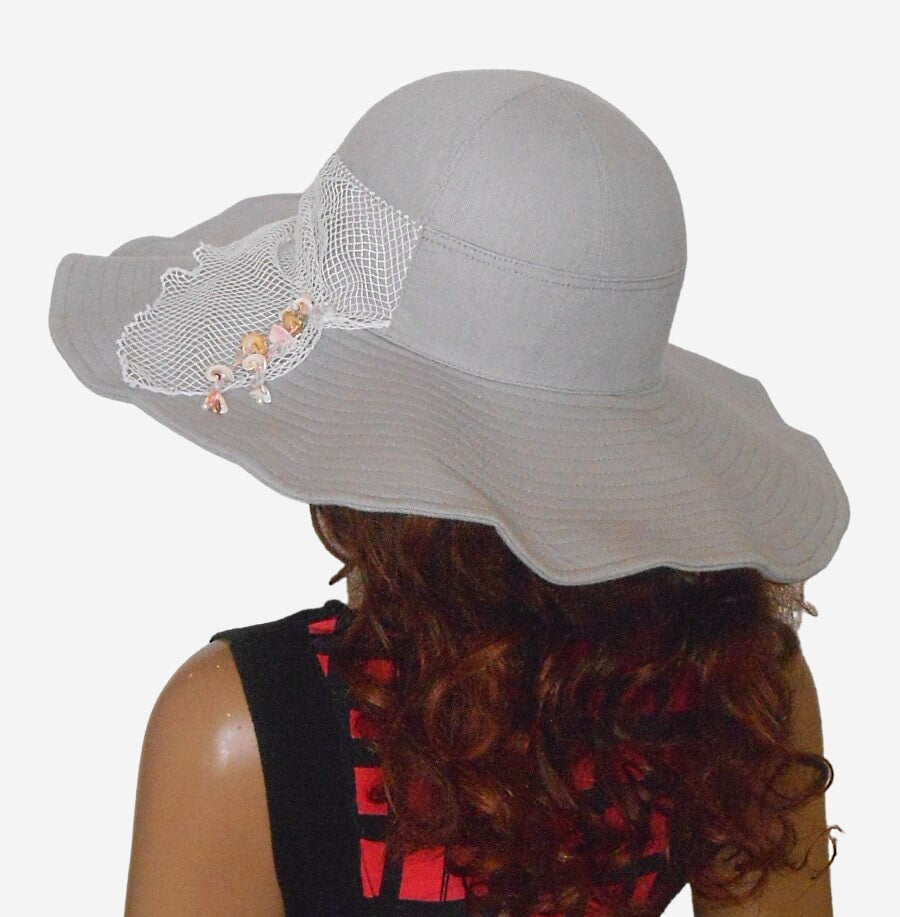 Back view of women’s grey linen wide-brim hat