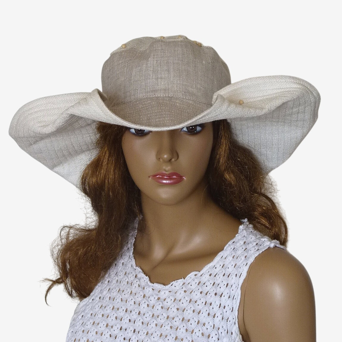 Front view of women’s natural linen wide brim hat