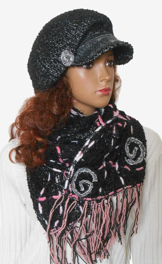 Three-quarter view of women’s black Newsboy cap and long fringe scarf – winter accessory set