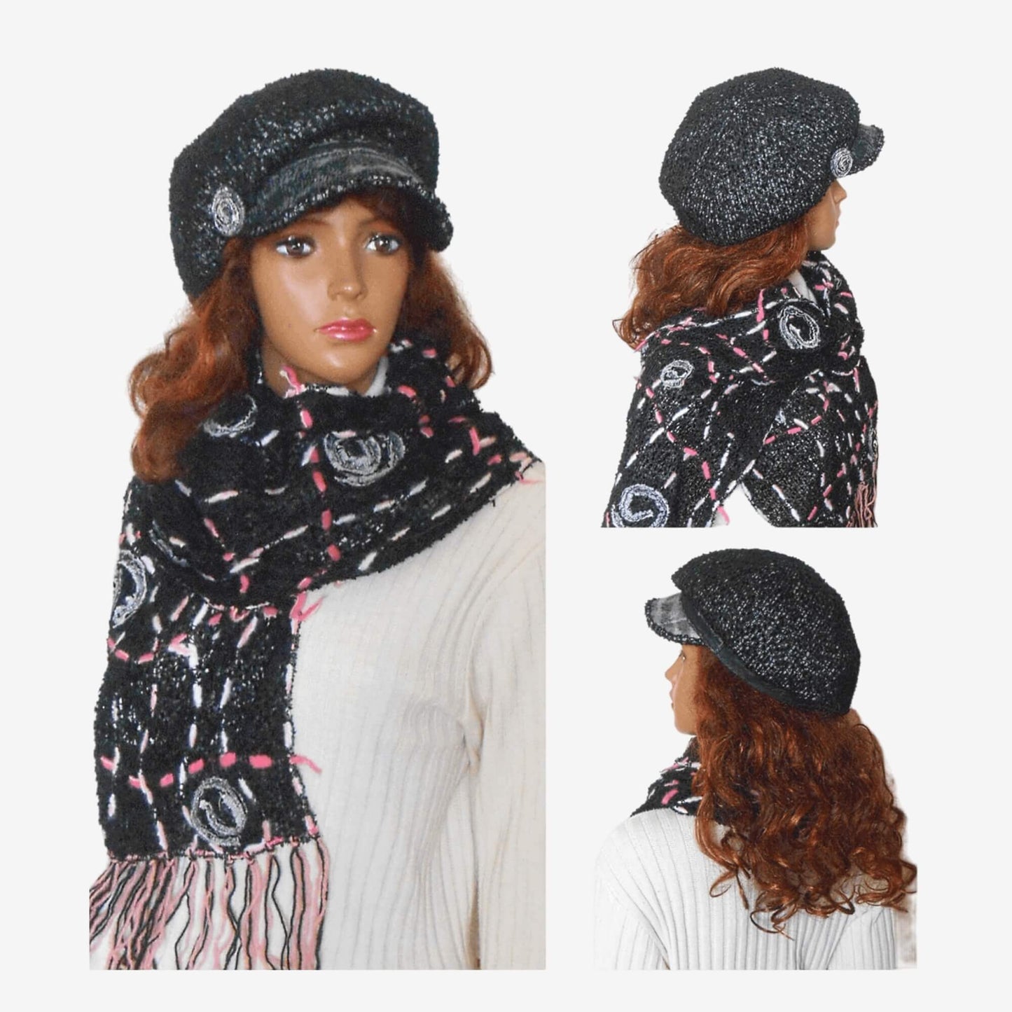 A mannequin wearing a black fringed scarf and a newsboy cap. The cap is adorned with a brooch, and the scarf is long and made of black mesh. The angles vary