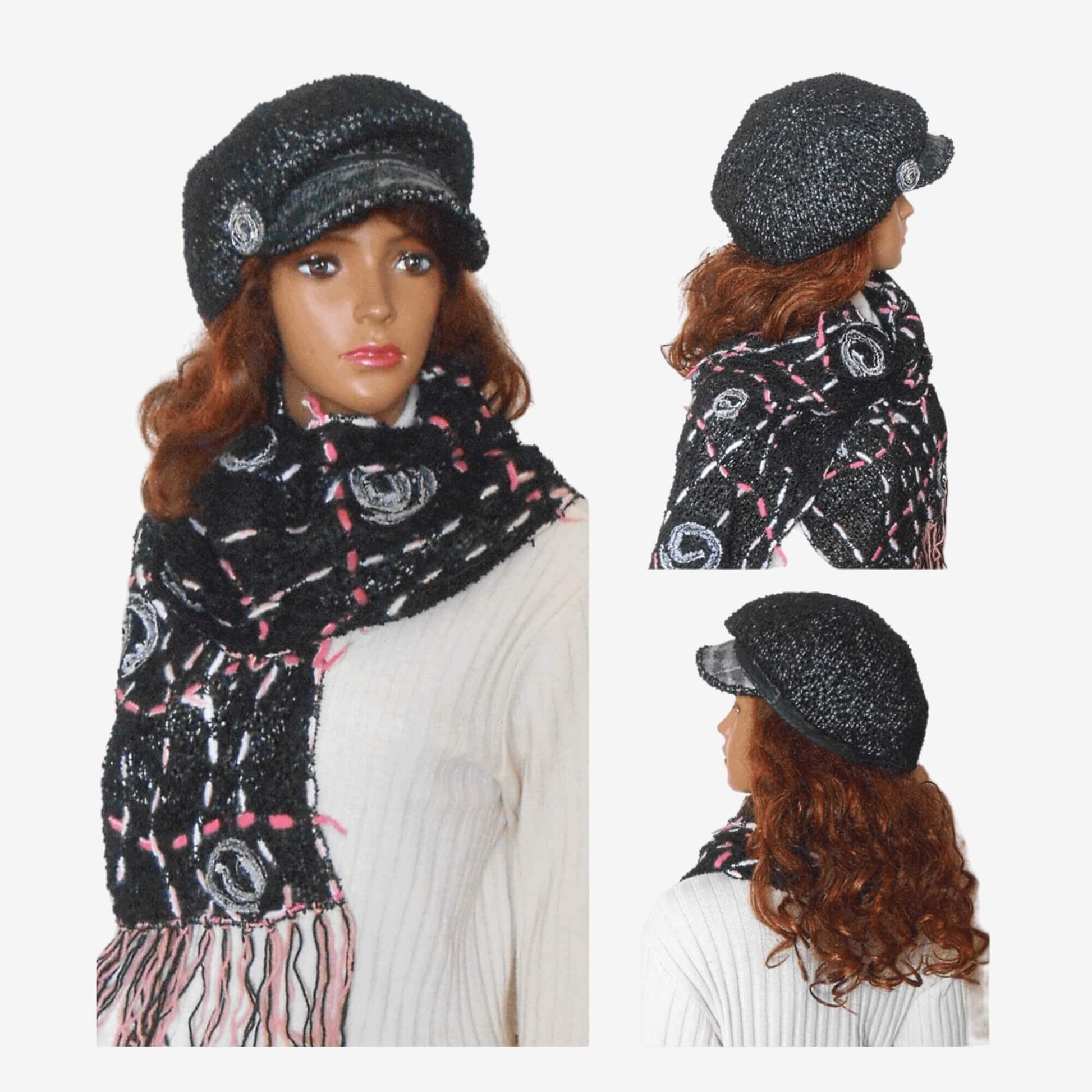 A mannequin wearing a black fringed scarf and a newsboy cap. The cap is adorned with a brooch, and the scarf is long and made of black mesh. The angles vary
