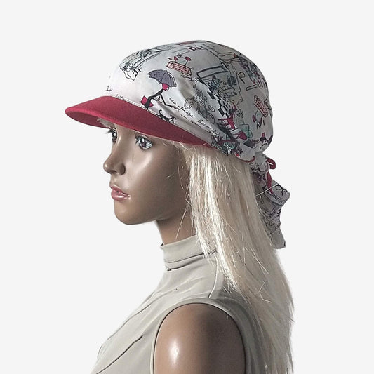 White bandana with a red visor, designed as a headscarf with a visor.