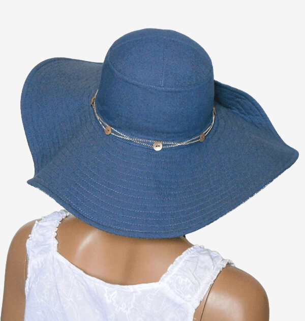 Back view of women’s wide-brim denim hat