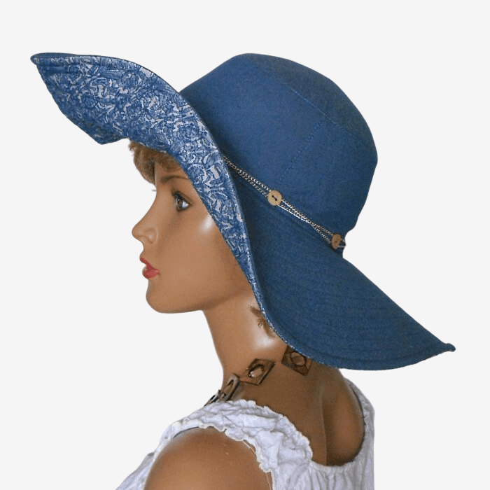 Side view of women’s wide-brim denim summer hat