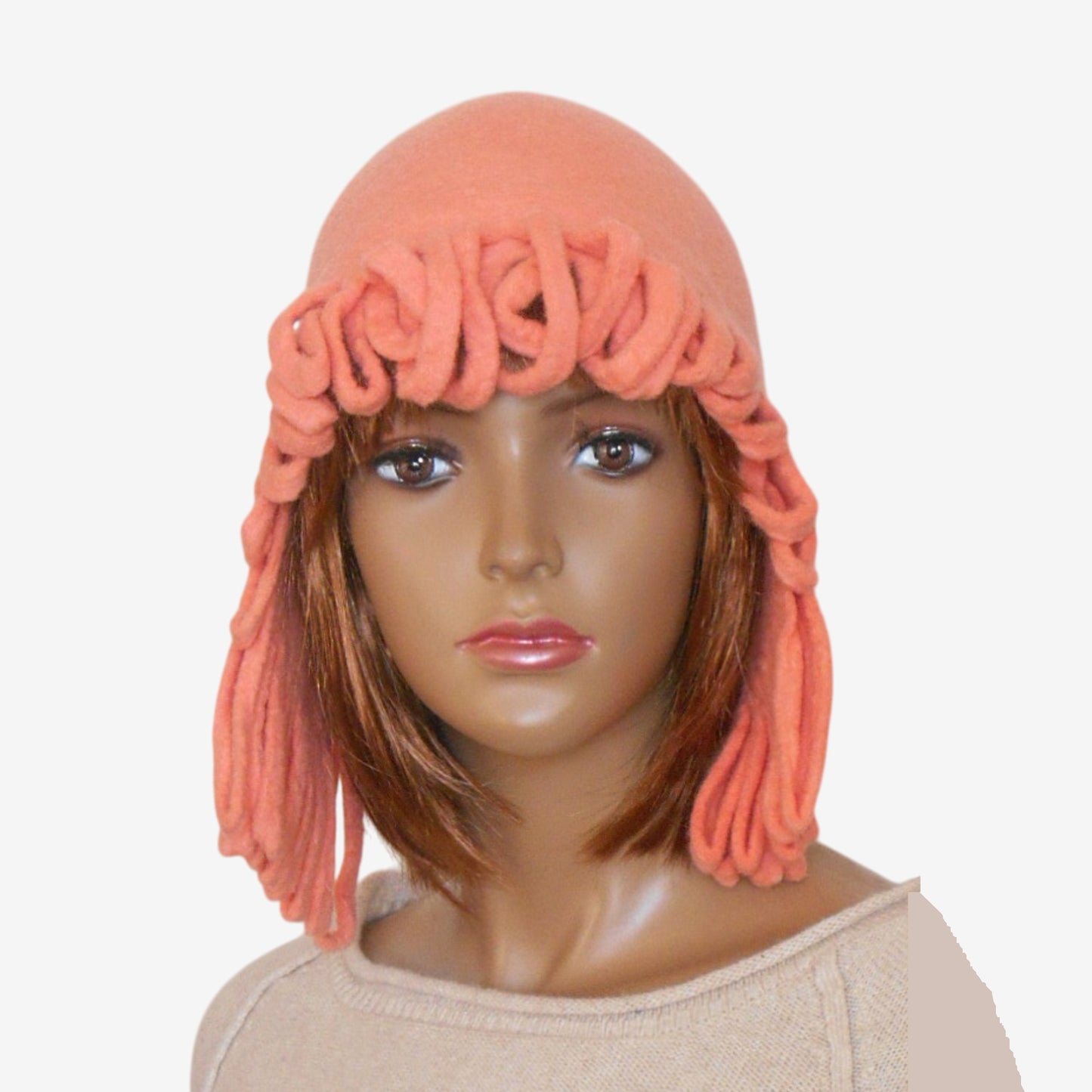 Women’s coral wool trapper hat front view – handmade felted winter ushanka
