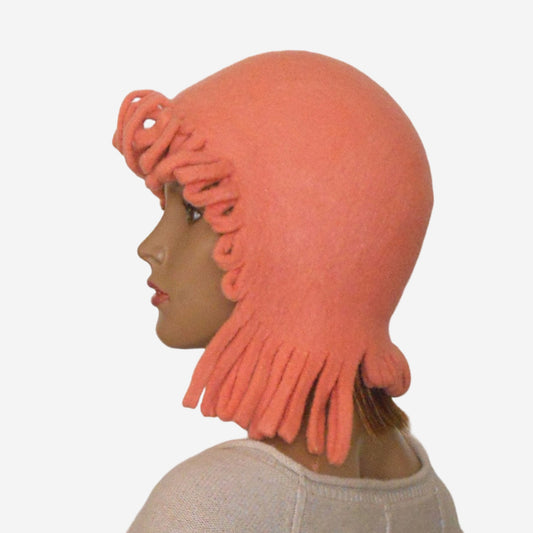 Women’s coral wool trapper hat – handmade felted winter ushanka