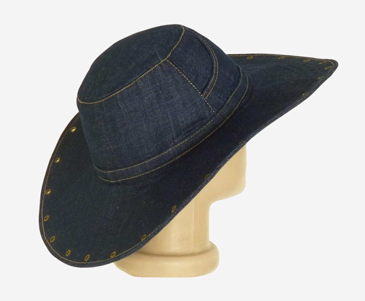Side view of women’s handmade denim hat