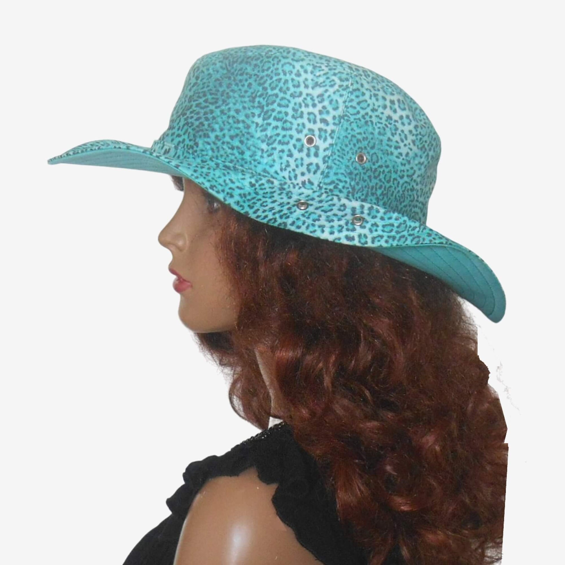 Side view of green summer cowboy hat for women, foldable brim and leopard print accent