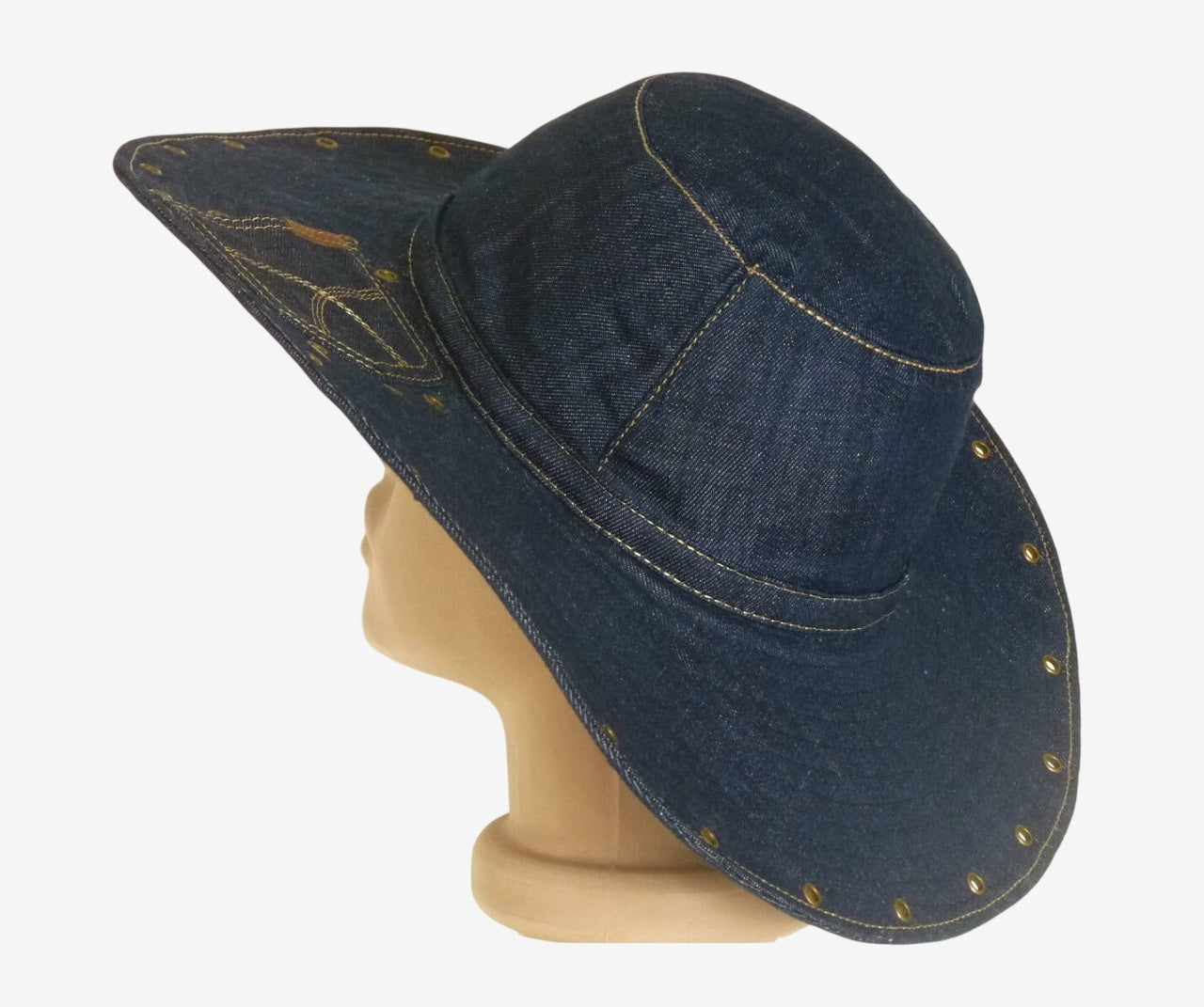 Angled view of women’s wide brim denim hat, handmade summer accessory