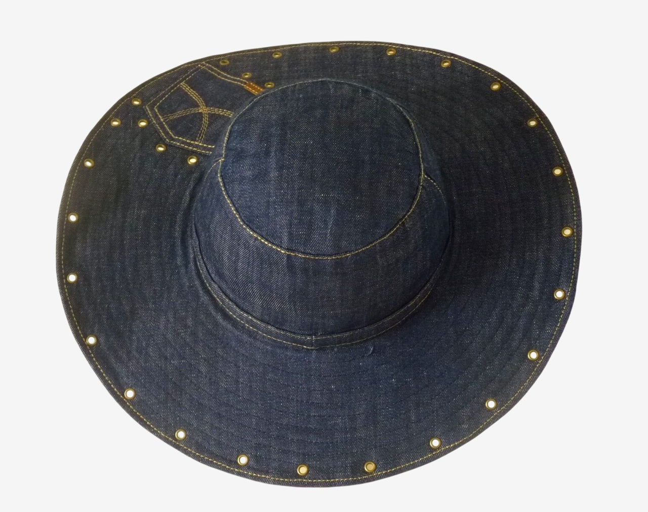 Back view of dark blue women’s denim hat showing classic denim details