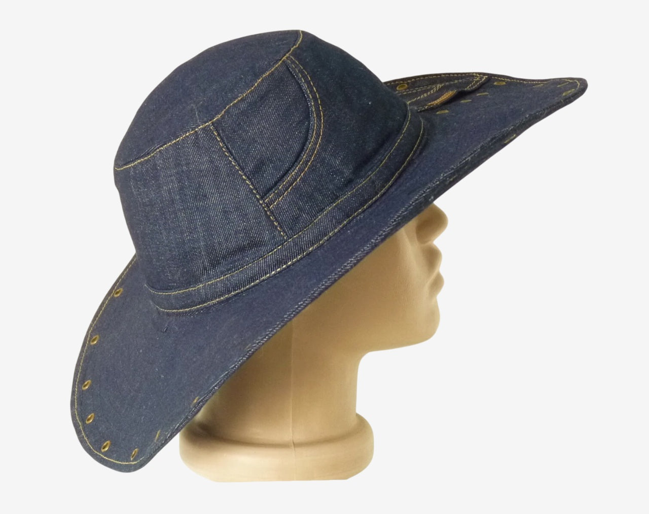 Side view of women’s handmade denim wide brim hat