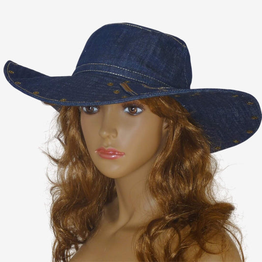 Women’s wide brim denim hat, dark blue handmade summer accessory with cotton lining