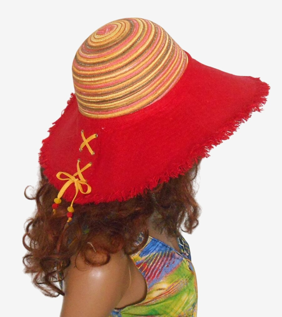 Vibrant yellow red linen hat with wide fringed brim and multicolored crown, lightweight and breathable summer hat, three-quarter view 