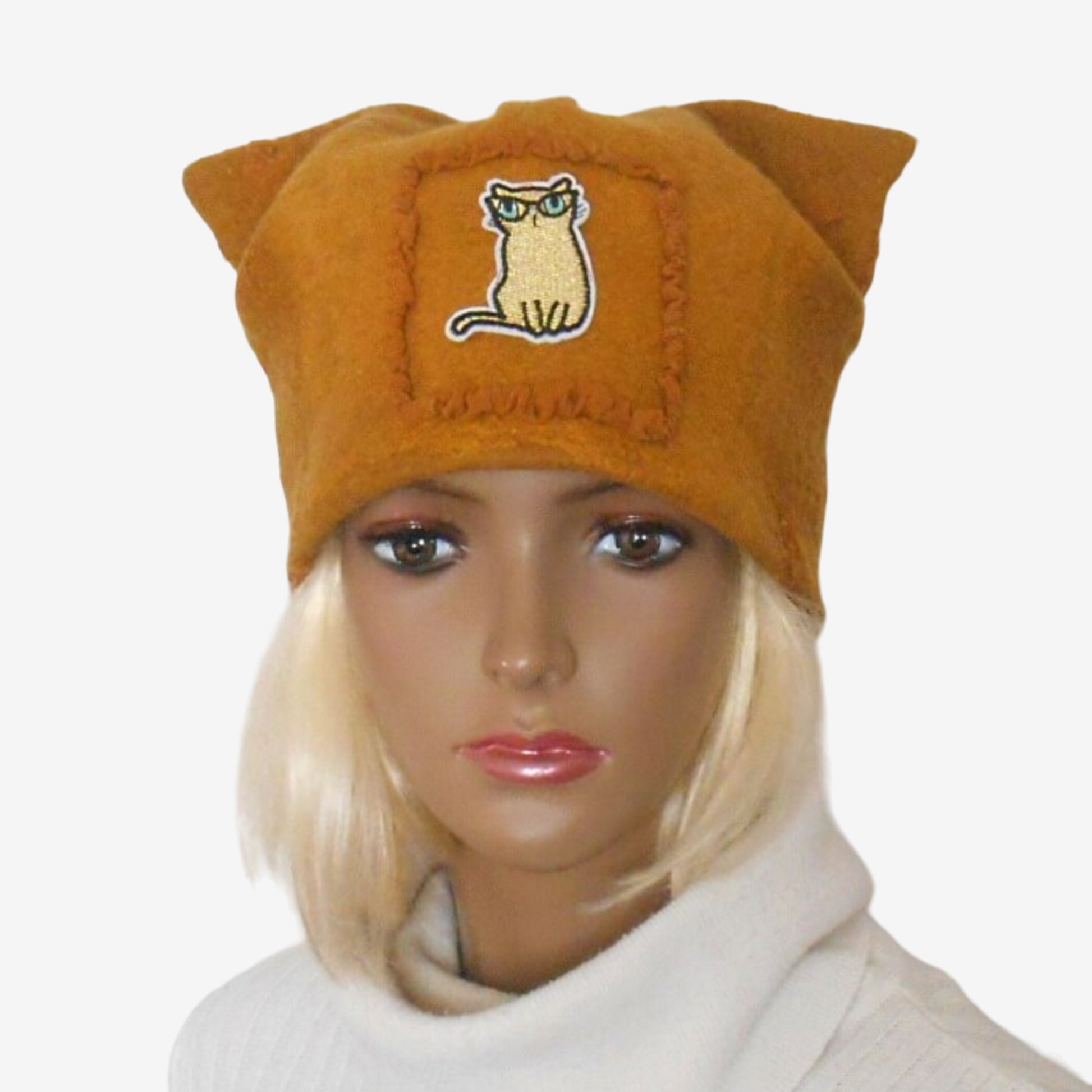 Yellow wool cat hat made from soft felted wool with cute cat ears and warm lining